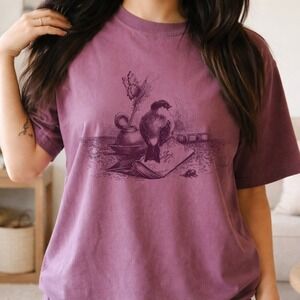 Scholarly Bird Graphic Tee Vintage Engraving Style Nature Book Art